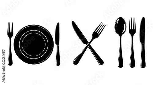 Black silhouettes of dining cutlery and plate icons for restaurant and food