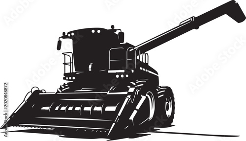 Black combine harvester, agricultural machinery, farming equipment, tractor illustration