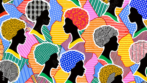 Bild auf Leinwand Diverse group of women s profile silhouettes with colorful patterned backgrounds
