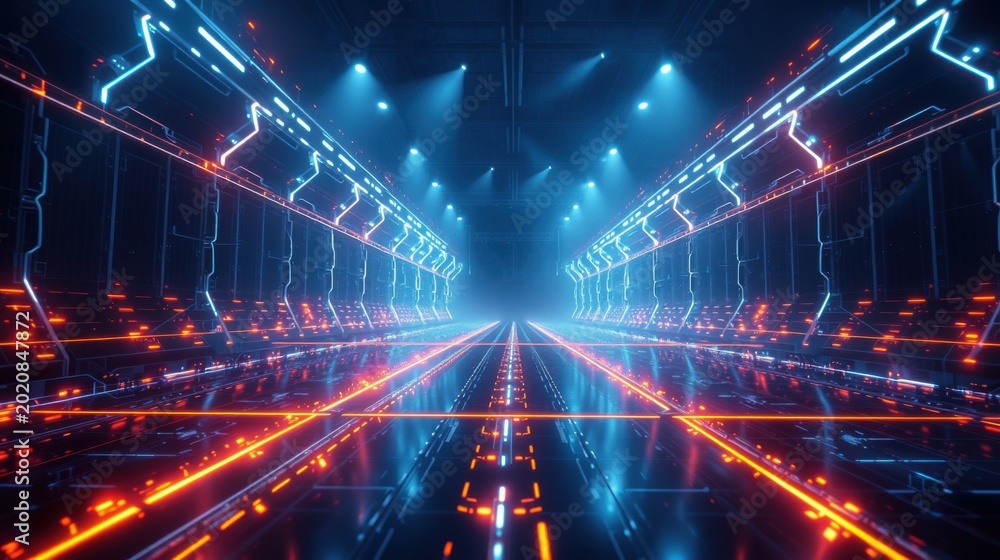 Fototapeta premium Futuristic corridor extends into darkness. Bright neon lights illuminate sleek metallic walls, creating dramatic perspective. Intense glow emanates from within.