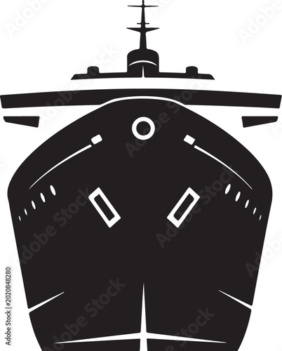 Black boat bow vector, nautical ship front view, marine vessel illustration, white background