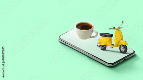 Yellow scooter and coffee cup on smartphone with green background