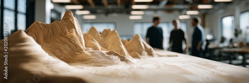 Architectural model of mountains on a table in a modern office with people in the background.