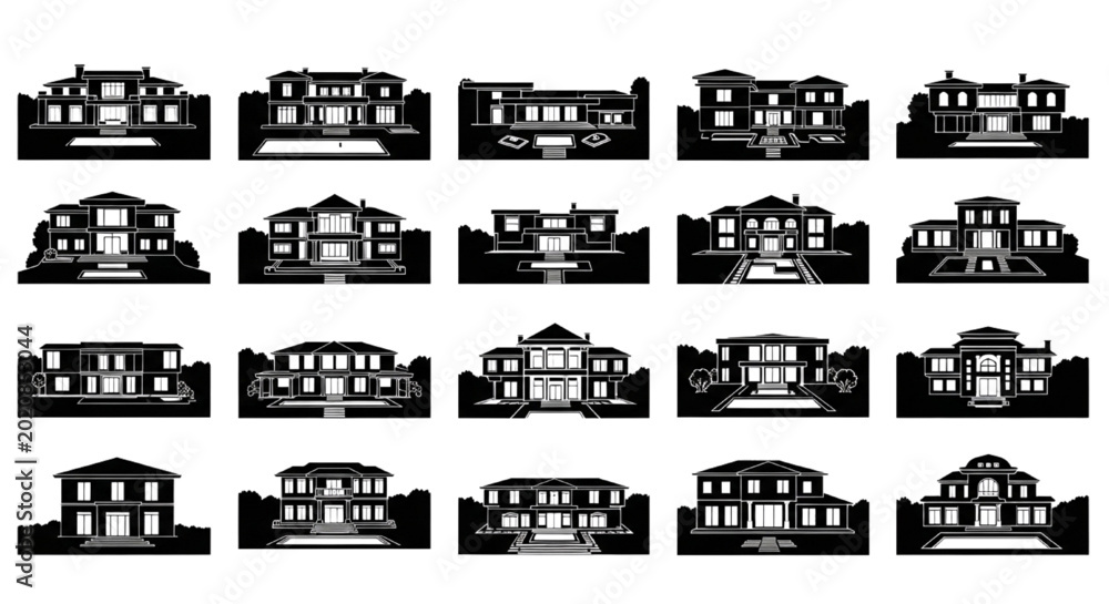 Naklejka premium Luxury Estate Mansion Elevation Collection with Modern Residential Facades and Premium Villa Exterior Vector Pack
