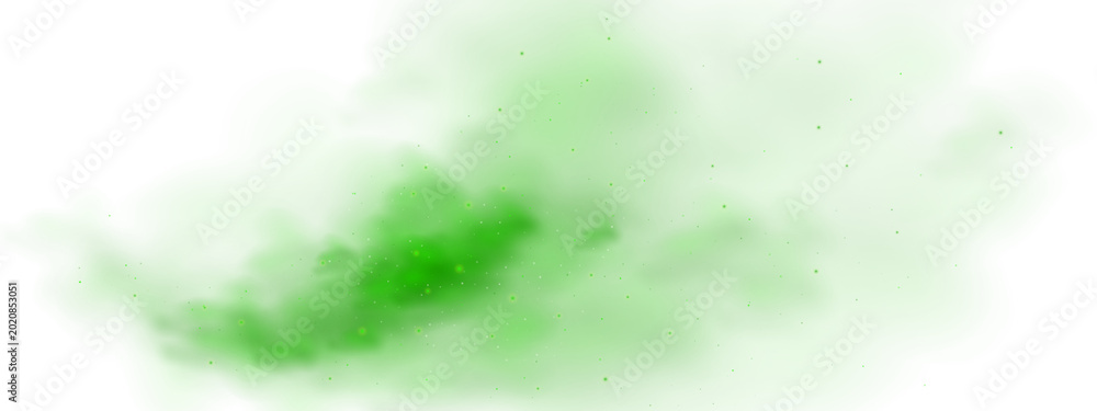 Naklejka premium Smell green smoke and magic cloud with sparkle effect for Halloween background. Light fog with particle and toxic powder on fake transparent bg. Emerald chemical texture with spooky night smog