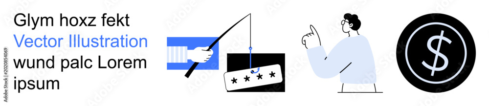 Fototapeta premium Cybersecurity, phishing scams, online threats, digital safety, financial security, identity protection. Hand with card, phishing hook person pointing dollar sign. Cybersecurity and phishing scams