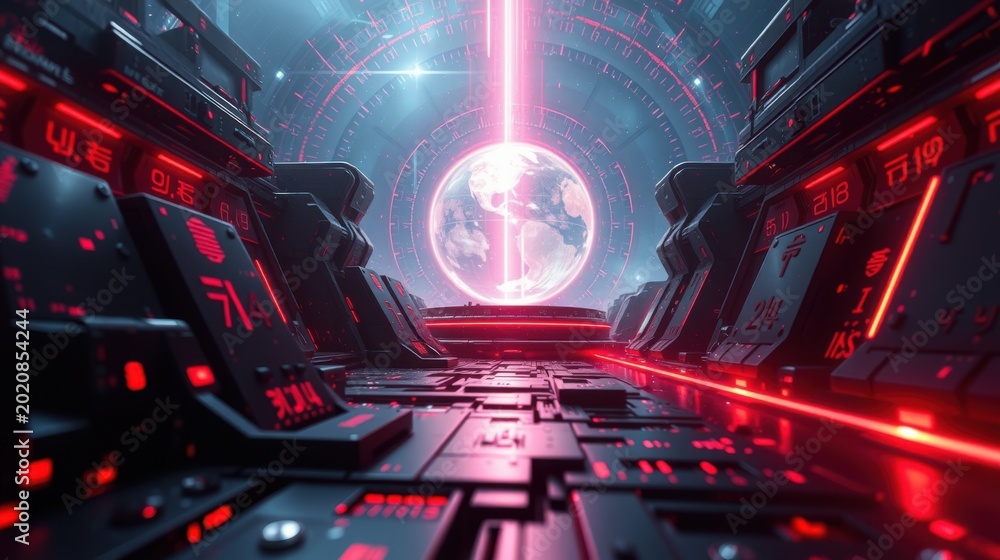 Fototapeta premium Futuristic corridor glows with neon lights. Central sphere emits bright beam. Complex circuitry lines walls, creating immersive space.
