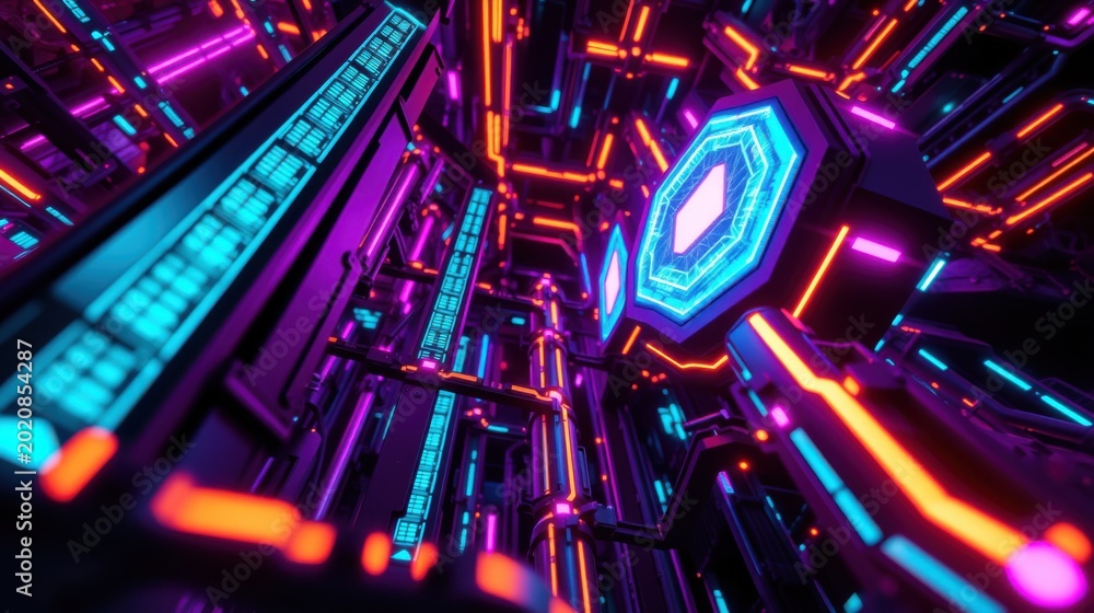 Fototapeta premium Futuristic interior, neon lights illuminate complex network. Vibrant colors create immersive digital space. Technology dominates composition.