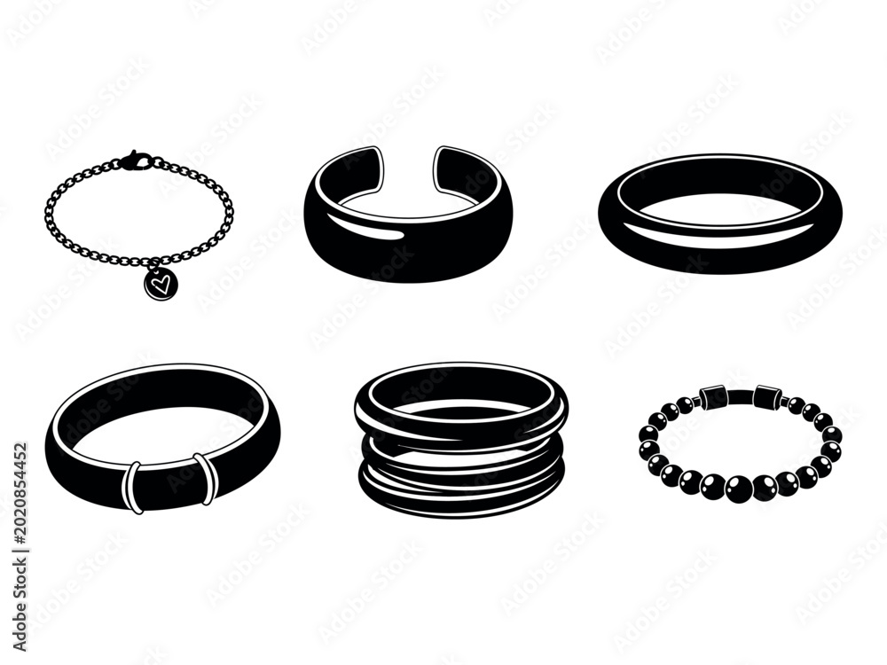 Ταπετσαρία Black jewelry silhouette collection rings and bracelet on a white background