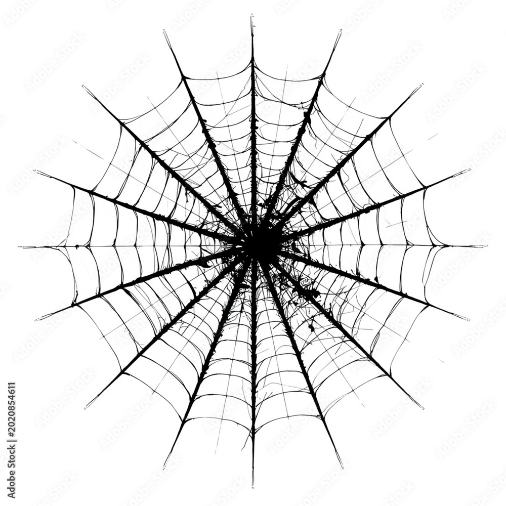 Obraz premium An intricate black spiderweb is isolated on a white background.