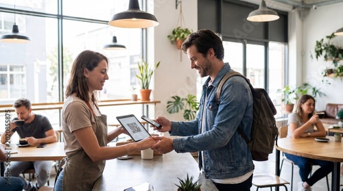 Contactless Payment at Cafe: A customer using his smartphone to make a contactless payment at a cafe, assisted by a friendly barista using a tablet. Modern convenience at its finest.