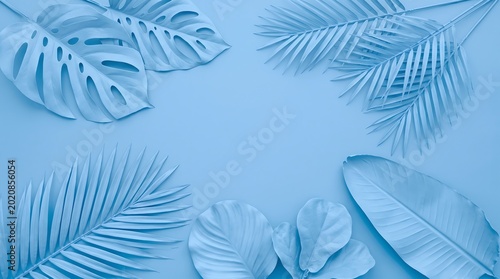 Minimalist Tropical Leaves Background in Blue Tones Flat Lay Aesthetic Design