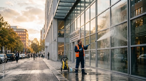 photo of a cleaning technician cleaning a glass building with work safety equipment  made by AI generative