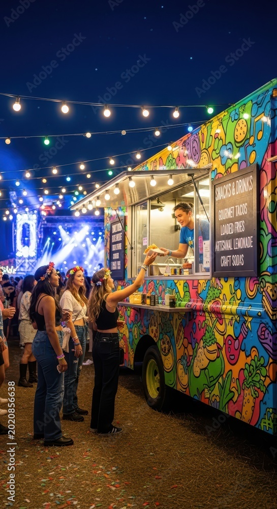 Obraz premium Vibrant Food Truck Serving Customers at Night Festival.