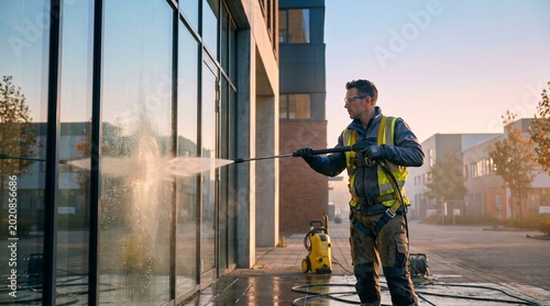 photo of a cleaning technician cleaning a glass building with work safety equipment  made by AI generative