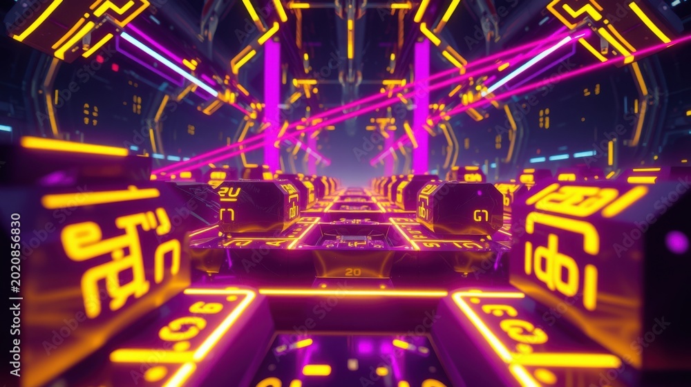 Fototapeta premium Neon tunnel perspective. Bright lights, geometric shapes create futuristic space. Vivid purple, orange hues dominate scene.