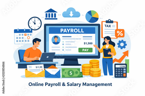 Online payroll and salary management system with diverse team analyzing data