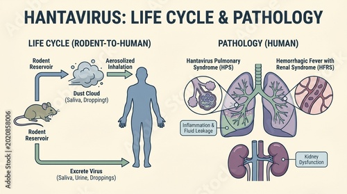 hantavirus disease symptoms Hantavirus Life Cycle and Pathology Medical Diagram Photo for Educational Materials, Healthcare Presentations & Scientific Research (JPG)