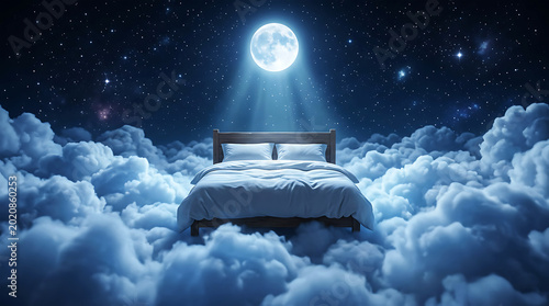 Bed on clouds under a full moon