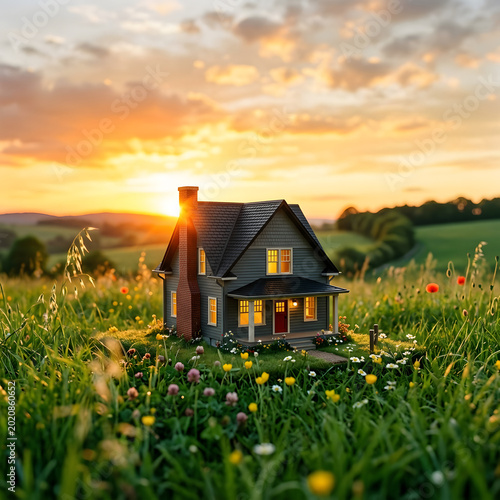 Miniature model house sits perfectly nestled within a vibrant field of wild flowers and green grass during a breathtaking golden hour sunset in this high quality and detailed professional photograph.