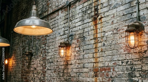 An ancient stone wall of a medieval castle features an old fashioned lantern and an aged lamp casting light over the antique brick architecture and textured arch