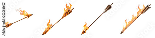 Obraz na płótnie Four Flaming Archery Arrows Set Isolated on White Background - Realistic Medieval Fire Arrows with Burning Tips and Motion Effects for Fantasy War and Combat Design Assets