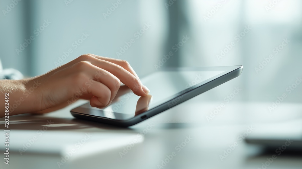 Fototapeta premium A person uses a tablet device, tapping the screen with a finger in a bright, blurred background setting.