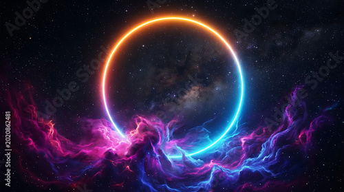 Neon circle in cosmic nebula space