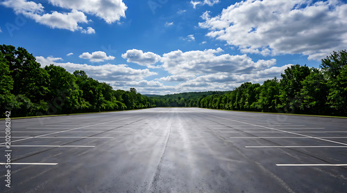 Empty parking lot with forest and sky