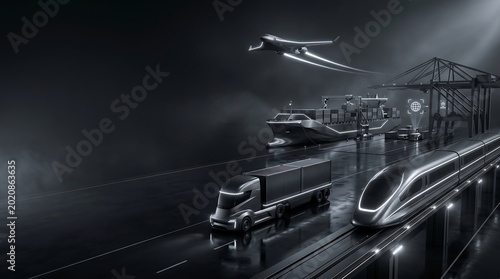 Futuristic Monochrome Logistics Hub Integrated Smart Transportation Network.