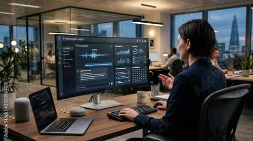 Professional using ai voice assistant technology on computer in modern office setting with city view