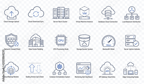Modern blue line icon set featuring cloud computing and data center infrastructure symbols for web hosting and network technology