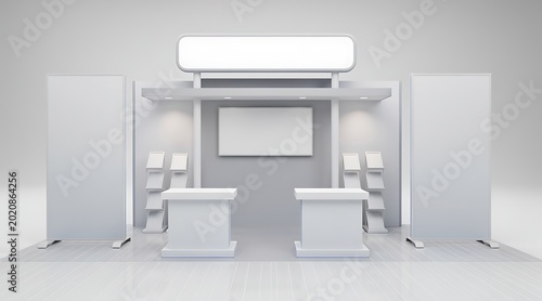 Modern minimalist exhibition booth design with blank display space and promotional banners.