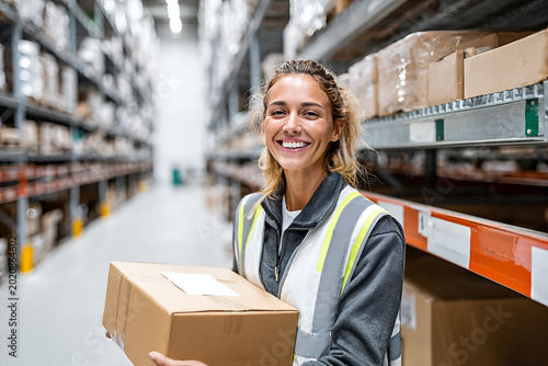 Smiling female warehouse worker holding a cardboard package, wearing yellow - striped high - visibility vest and grey zip fleece, standing by orange pallet racks