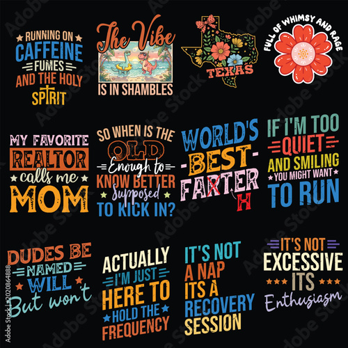 Funny Retro Typography T Shirt Design Bundle SVG PNG, Sarcastic Quote Vintage Colorful Graphic Pack for Print on Demand