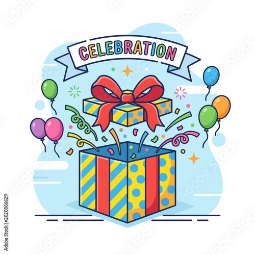 Gift box with balloons and confetti