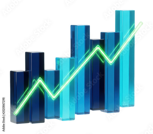 Blue 3D glass bar chart with a glowing neon green trend line showing growth isolated transparent background image