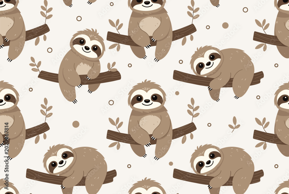 Fototapeta premium Seamless repetitive pattern featuring adorable cartoon sloths hanging and resting on tree branches with green leaves.