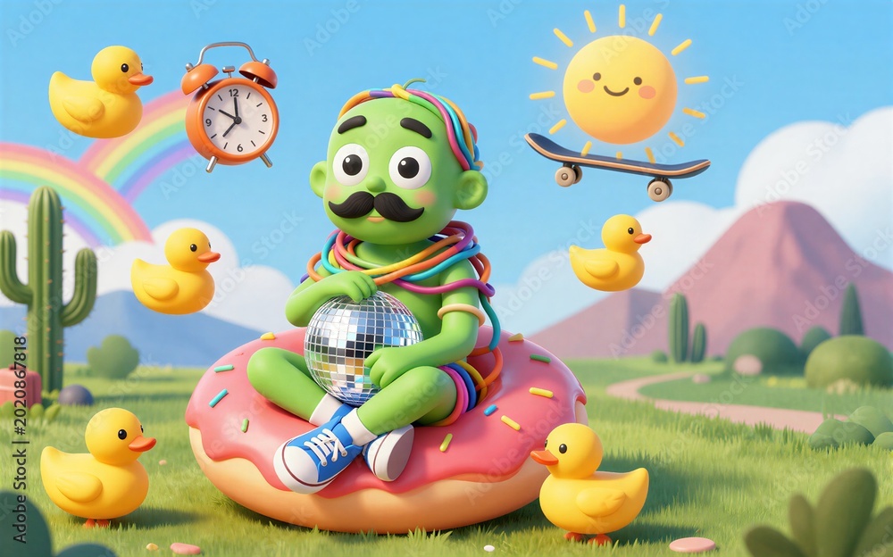 Obraz premium Green character sits on giant donut surrounded by ducks and rainbow