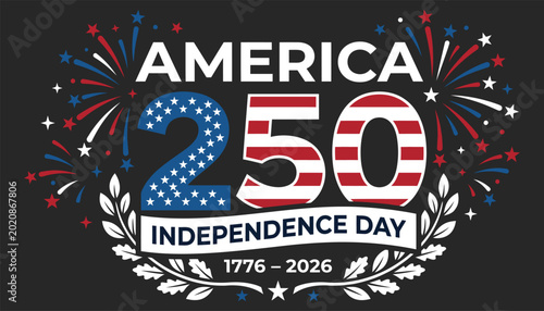 Photos America 250 independence day celebration logo with fireworks and stars on dark b