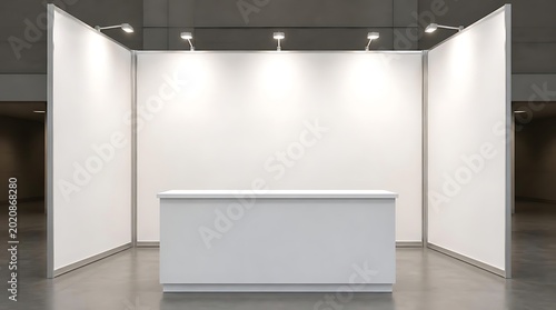 Modern white trade show booth with counter and spotlights empty space.