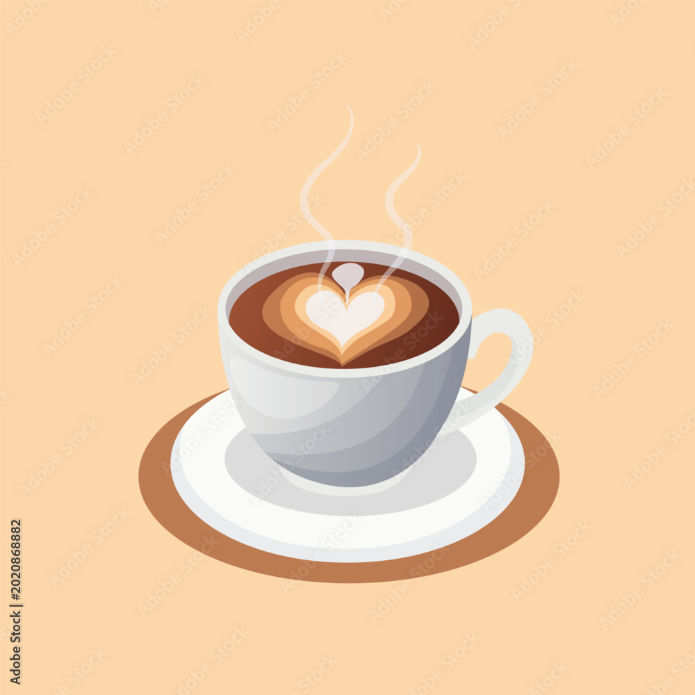 Obraz premium Illustration of a hot latte coffee cup with heart-shaped latte art and warm steam in flat design style. Perfect for cafe themes, coffee drinks, breakfast, and modern lifestyle content