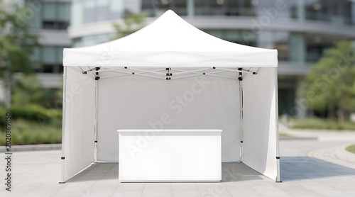 White PopUp Tent with Table Outdoors in Front of Building.