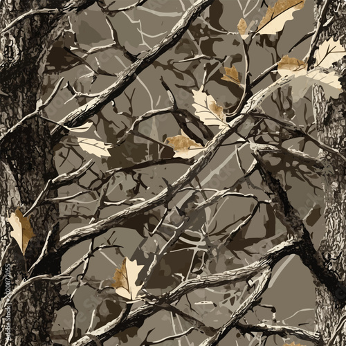 Real tree hunting camouflage half drop seamless pattern with branches bark and leaves print ready 300 dpi for hunting gear
