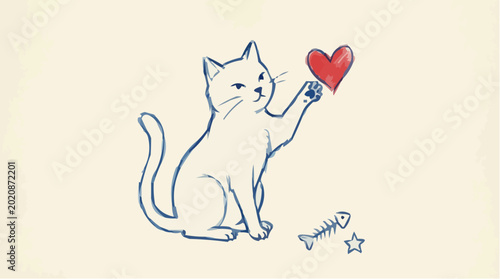 Cute sleeping cat sketch with fish bone and stars on beige background 