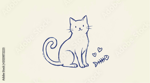 Cute sleeping cat sketch with fish bone and stars on beige background 