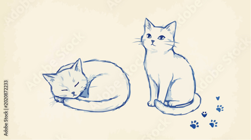 Cute sleeping cat sketch with fish bone and stars on beige background 