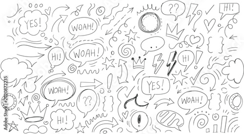 Obraz na płótnie Handdrawn doodle seamless pattern with speech bubbles, arrows, stars, crowns, an