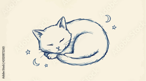 Cute sleeping cat sketch with fish bone and stars on beige background 