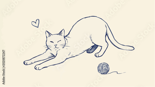 Cute sleeping cat sketch with fish bone and stars on beige background 